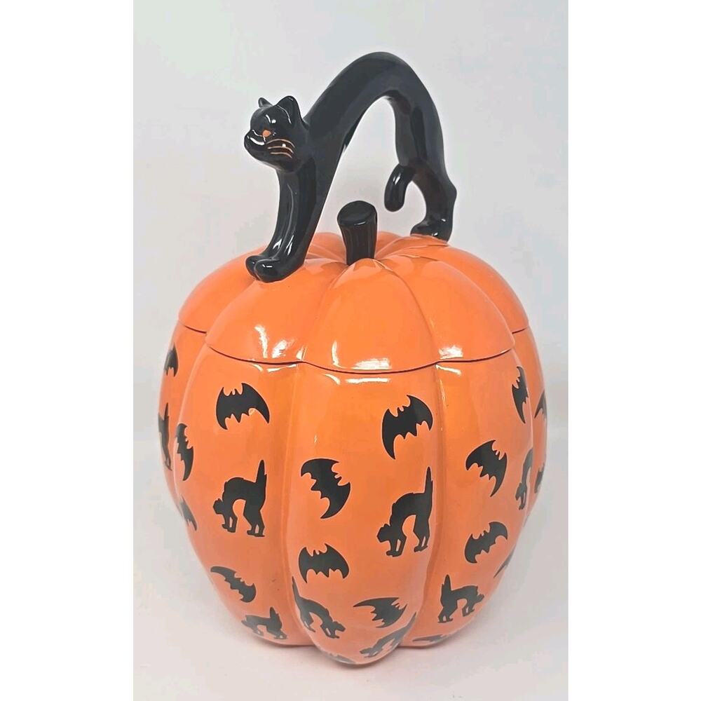 Neiman Marcus Exclusive Black Cat Black Bat Motif Halloween Pumpkin Cookie Jar